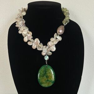 Prehnite, Agate, Mother of Pearl and Pearl Cluster Statement Necklace